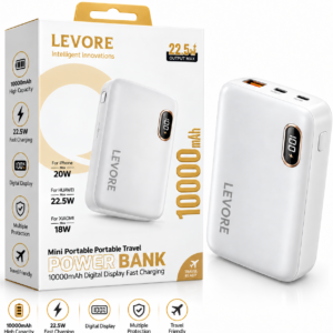 LEVORE 10000mAh Power Bank 22.5W Fast Charging with LED Digital Display, Portable Mini Power Bank, USB-C Input, Dual USB Output, Compact Battery Pack for iPhone, Samsung, Huawei, Xiaomi & More