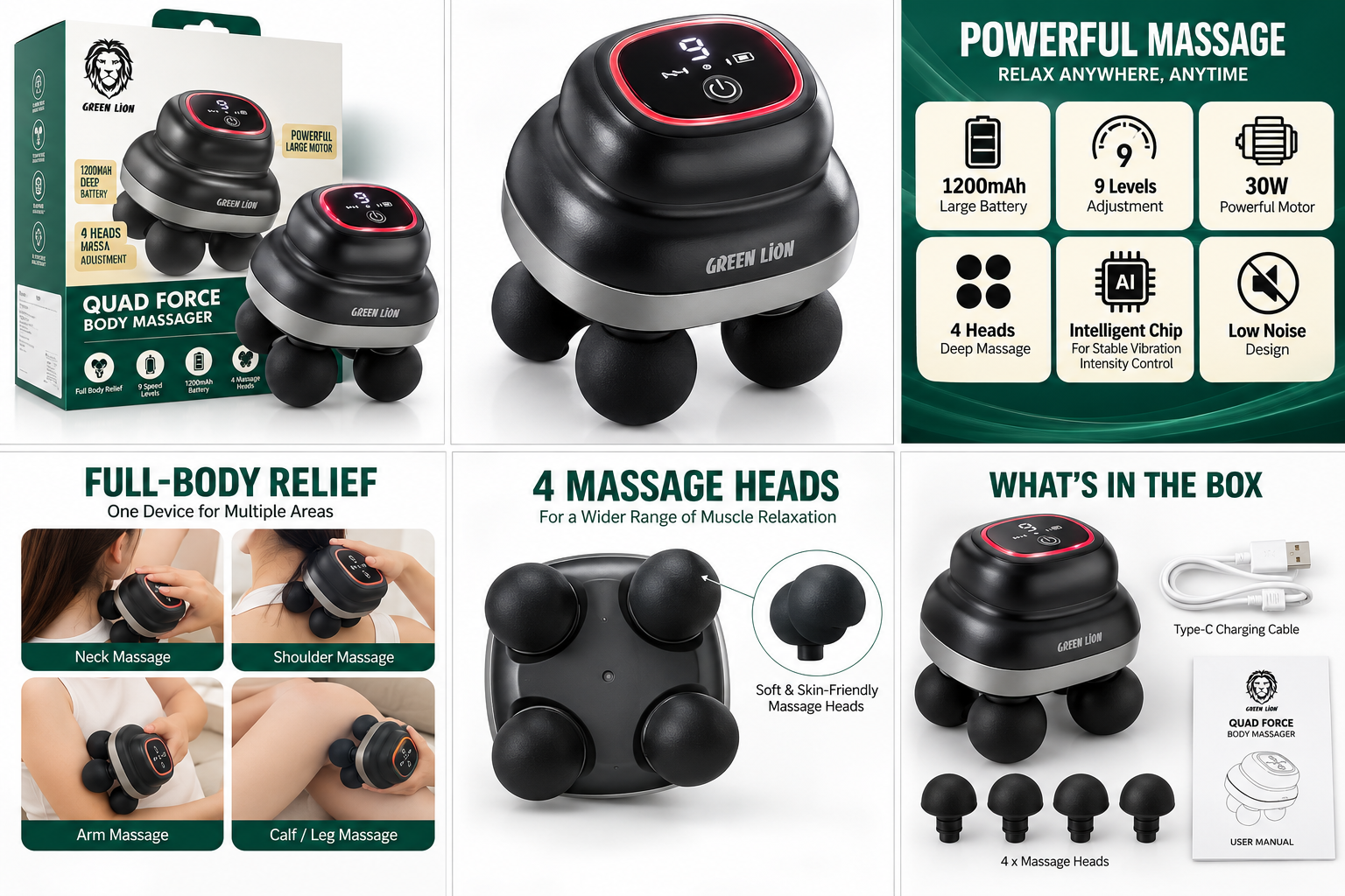 Green Lion Quad Force Body Massager - Black - Image 3
