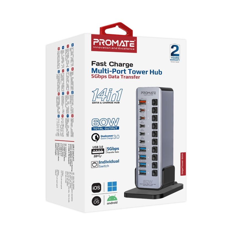 Promate GegaTower 60W Tower Hub, 4x 5Gbps USB-A Ports, 3x 5Gbps USB-C Ports, Dual Smart USB-C Ports with PD48W, 60W USB-C Input Port, Short-Circuit Protection, Silver | GegaTower-60W - Image 4