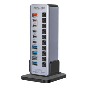 Promate GegaTower 60W Tower Hub, 4x 5Gbps USB-A Ports, 3x 5Gbps USB-C Ports, Dual Smart USB-C Ports with PD48W, 60W USB-C Input Port, Short-Circuit Protection, Silver | GegaTower-60W