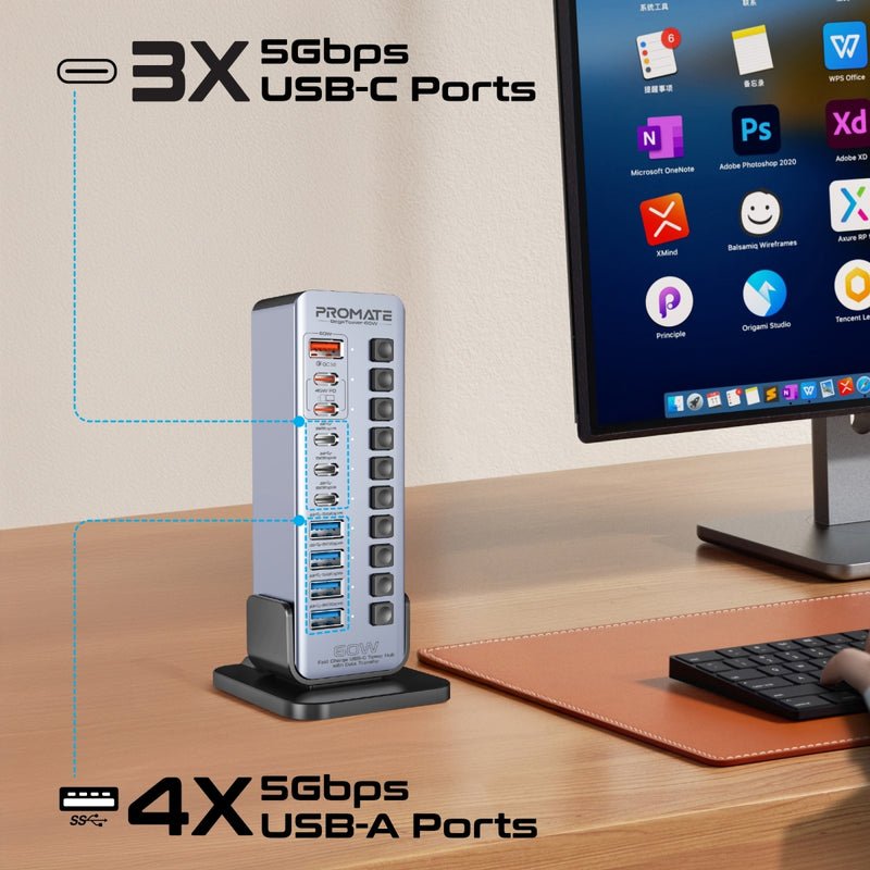 Promate GegaTower 60W Tower Hub, 4x 5Gbps USB-A Ports, 3x 5Gbps USB-C Ports, Dual Smart USB-C Ports with PD48W, 60W USB-C Input Port, Short-Circuit Protection, Silver | GegaTower-60W - Image 2