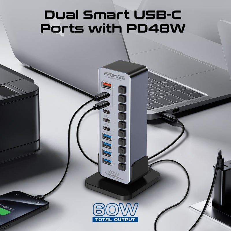 Promate GegaTower 60W Tower Hub, 4x 5Gbps USB-A Ports, 3x 5Gbps USB-C Ports, Dual Smart USB-C Ports with PD48W, 60W USB-C Input Port, Short-Circuit Protection, Silver | GegaTower-60W - Image 9