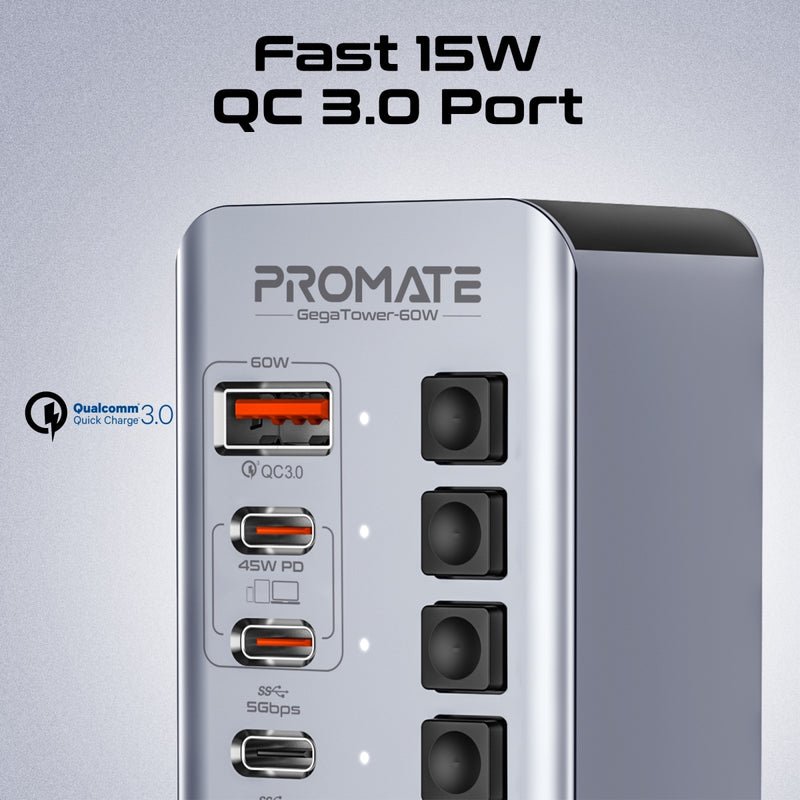 Promate GegaTower 60W Tower Hub, 4x 5Gbps USB-A Ports, 3x 5Gbps USB-C Ports, Dual Smart USB-C Ports with PD48W, 60W USB-C Input Port, Short-Circuit Protection, Silver | GegaTower-60W - Image 8