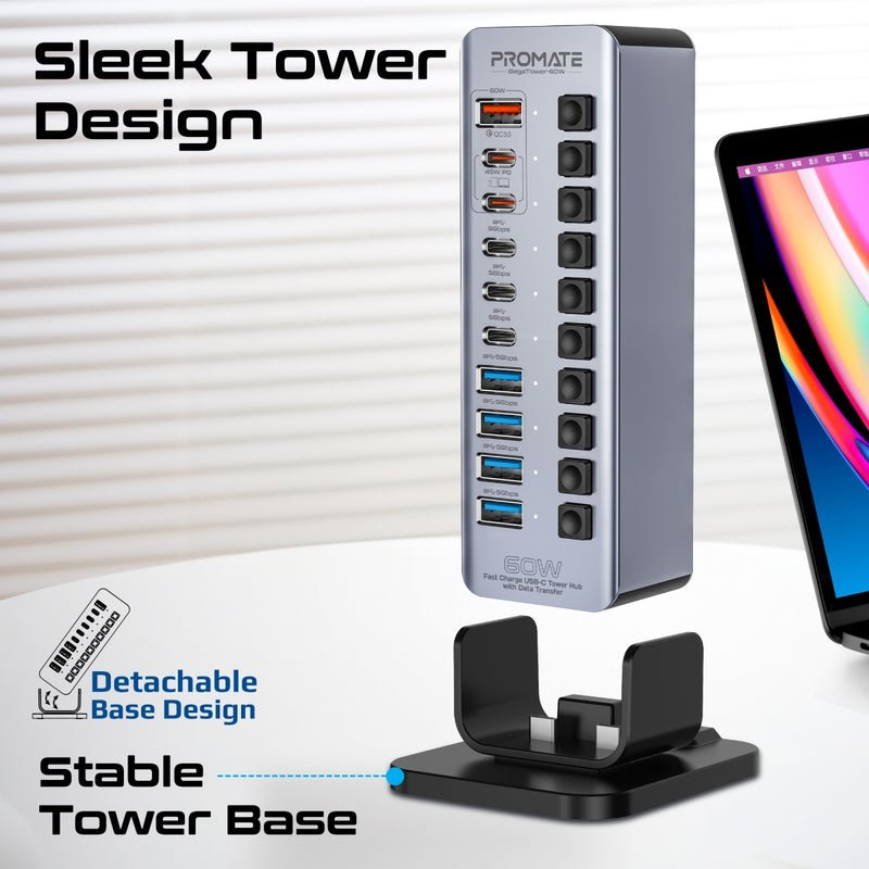 Promate GegaTower 60W Tower Hub, 4x 5Gbps USB-A Ports, 3x 5Gbps USB-C Ports, Dual Smart USB-C Ports with PD48W, 60W USB-C Input Port, Short-Circuit Protection, Silver | GegaTower-60W - Image 6