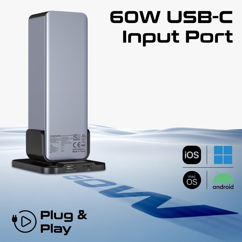 Promate GegaTower 60W Tower Hub, 4x 5Gbps USB-A Ports, 3x 5Gbps USB-C Ports, Dual Smart USB-C Ports with PD48W, 60W USB-C Input Port, Short-Circuit Protection, Silver | GegaTower-60W - Image 5