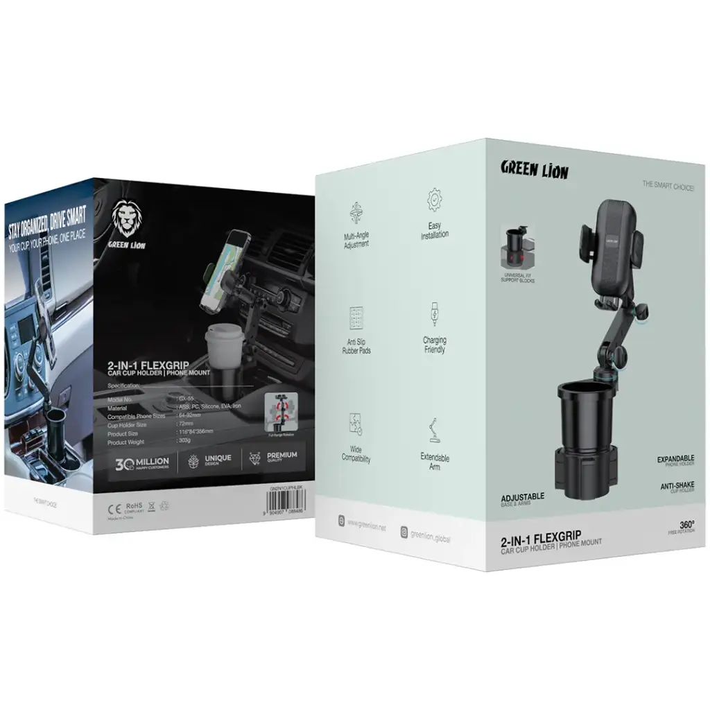 Green Lion 2-In-1 Flexgrip Car Cup Holder & Phone Mount - Black - Image 4