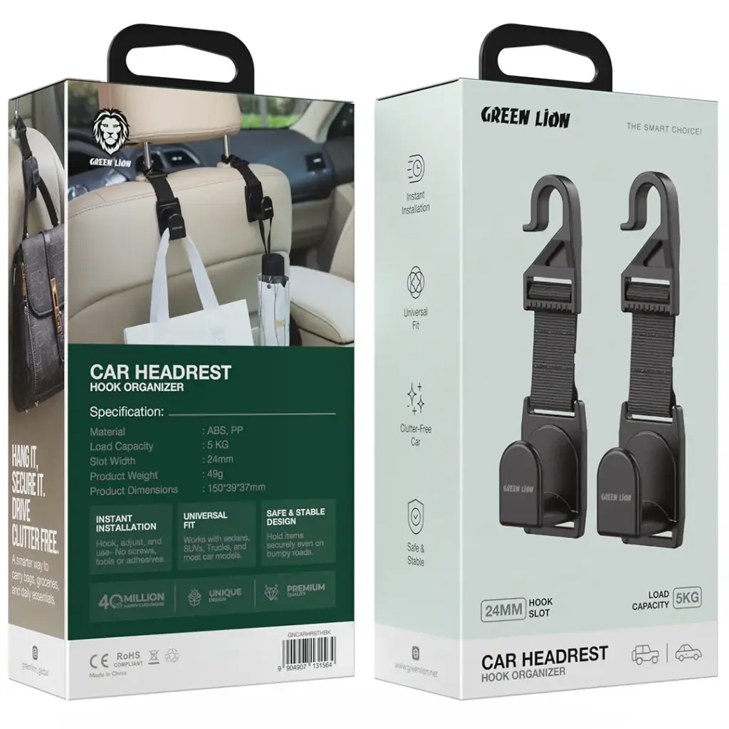 Green Lion Car Headrest Hook Organizer - Black - Image 3