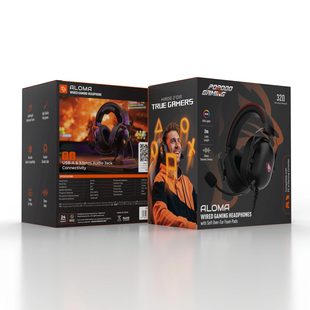 Porodo Gaming Aloma Wired Headphones with Soft Over-Ear Foam Pads - Black - Image 3