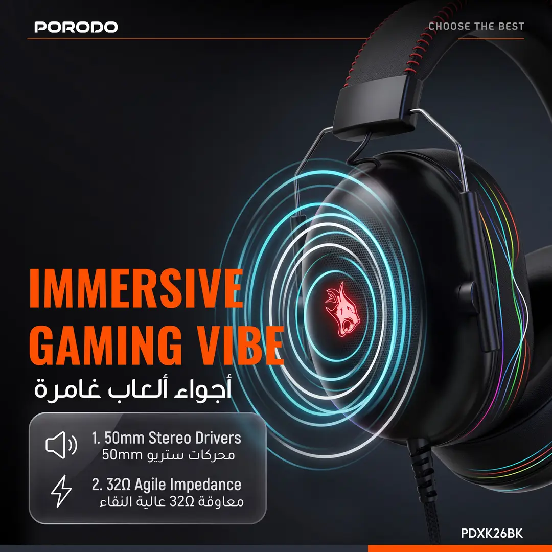 Porodo Gaming Aloma Wired Headphones with Soft Over-Ear Foam Pads - Black - Image 6
