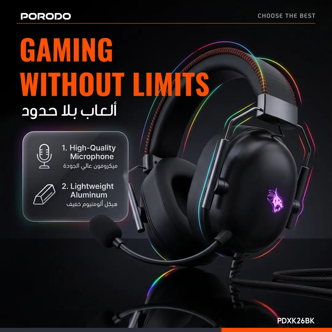 Porodo Gaming Aloma Wired Headphones with Soft Over-Ear Foam Pads - Black - Image 7