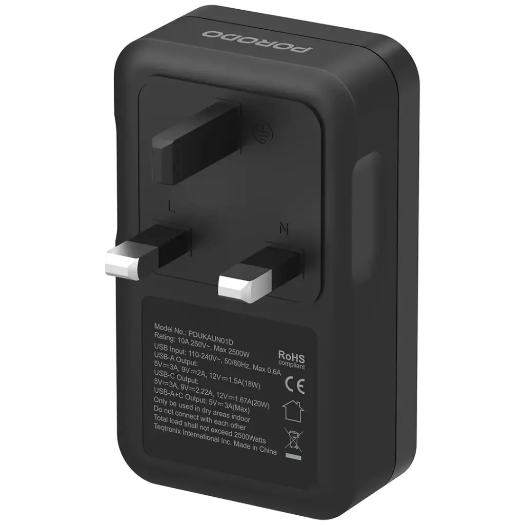 Porodo Velocitas Universal AC Wall Socket - Black - Image 2
