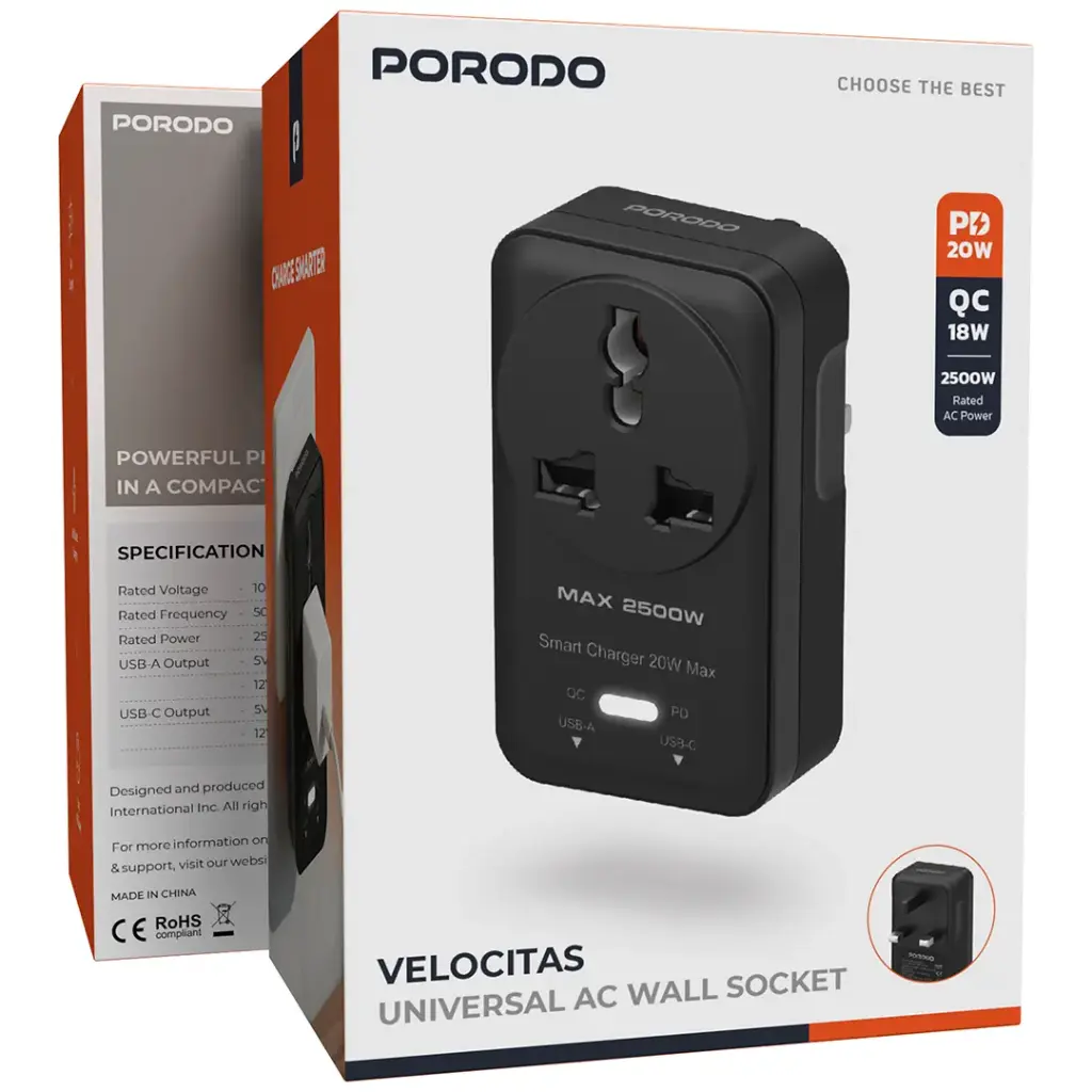 Porodo Velocitas Universal AC Wall Socket - Black - Image 3