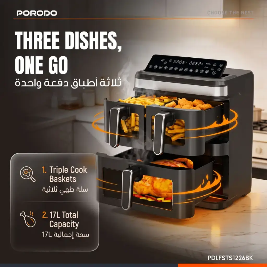 Porodo Lifestyle Crispio Triple Basket Air Fryer, 17L Total Capacity, 3000W, Dual 3.8L Baskets + 9L Oven Zone, 12 Preset Cooking - Image 7