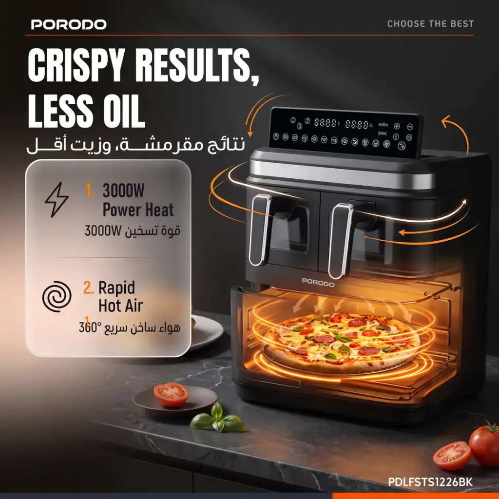 Porodo Lifestyle Crispio Triple Basket Air Fryer, 17L Total Capacity, 3000W, Dual 3.8L Baskets + 9L Oven Zone, 12 Preset Cooking - Image 5