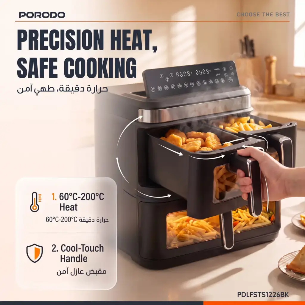 Porodo Lifestyle Crispio Triple Basket Air Fryer, 17L Total Capacity, 3000W, Dual 3.8L Baskets + 9L Oven Zone, 12 Preset Cooking - Image 6