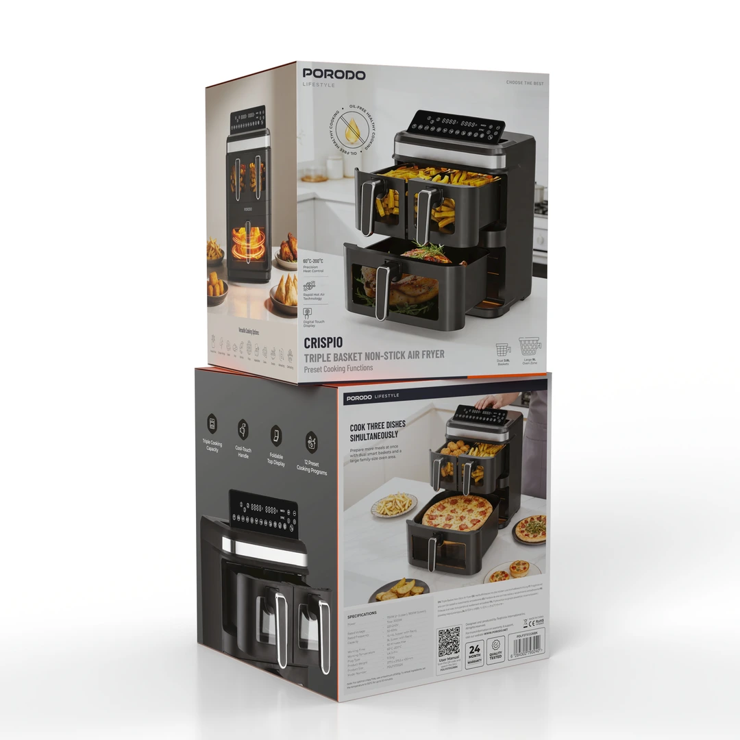 Porodo Lifestyle Crispio Triple Basket Air Fryer, 17L Total Capacity, 3000W, Dual 3.8L Baskets + 9L Oven Zone, 12 Preset Cooking - Image 3