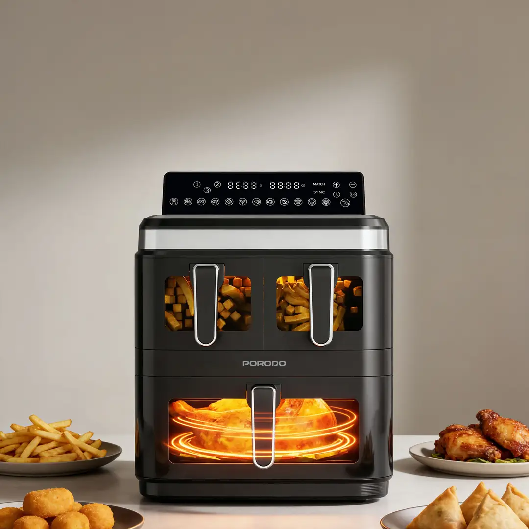 Porodo Lifestyle Crispio Triple Basket Air Fryer, 17L Total Capacity, 3000W, Dual 3.8L Baskets + 9L Oven Zone, 12 Preset Cooking - Image 4