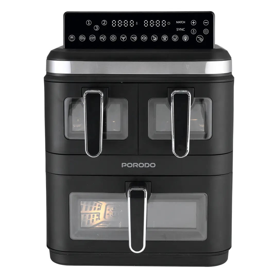 Porodo Lifestyle Crispio Triple Basket Air Fryer, 17L Total Capacity, 3000W, Dual 3.8L Baskets + 9L Oven Zone, 12 Preset Cooking