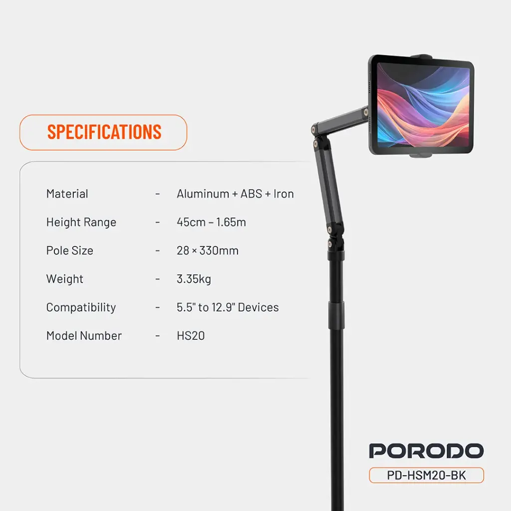 Porodo Phone & Tablet Floor Stand - Black - Image 2