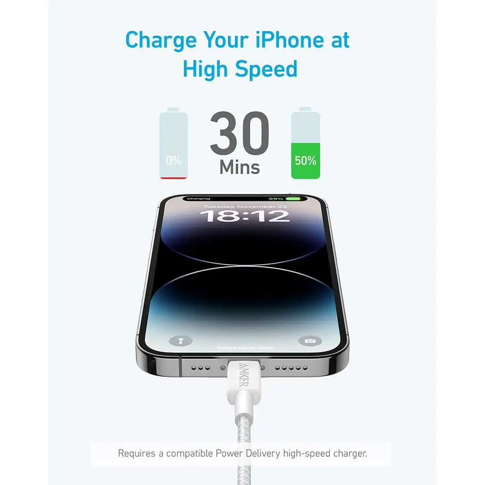 Anker 322 USB-C to Lgt Cable (6ft Braided) White (ANK-A81B6H21) - Image 3